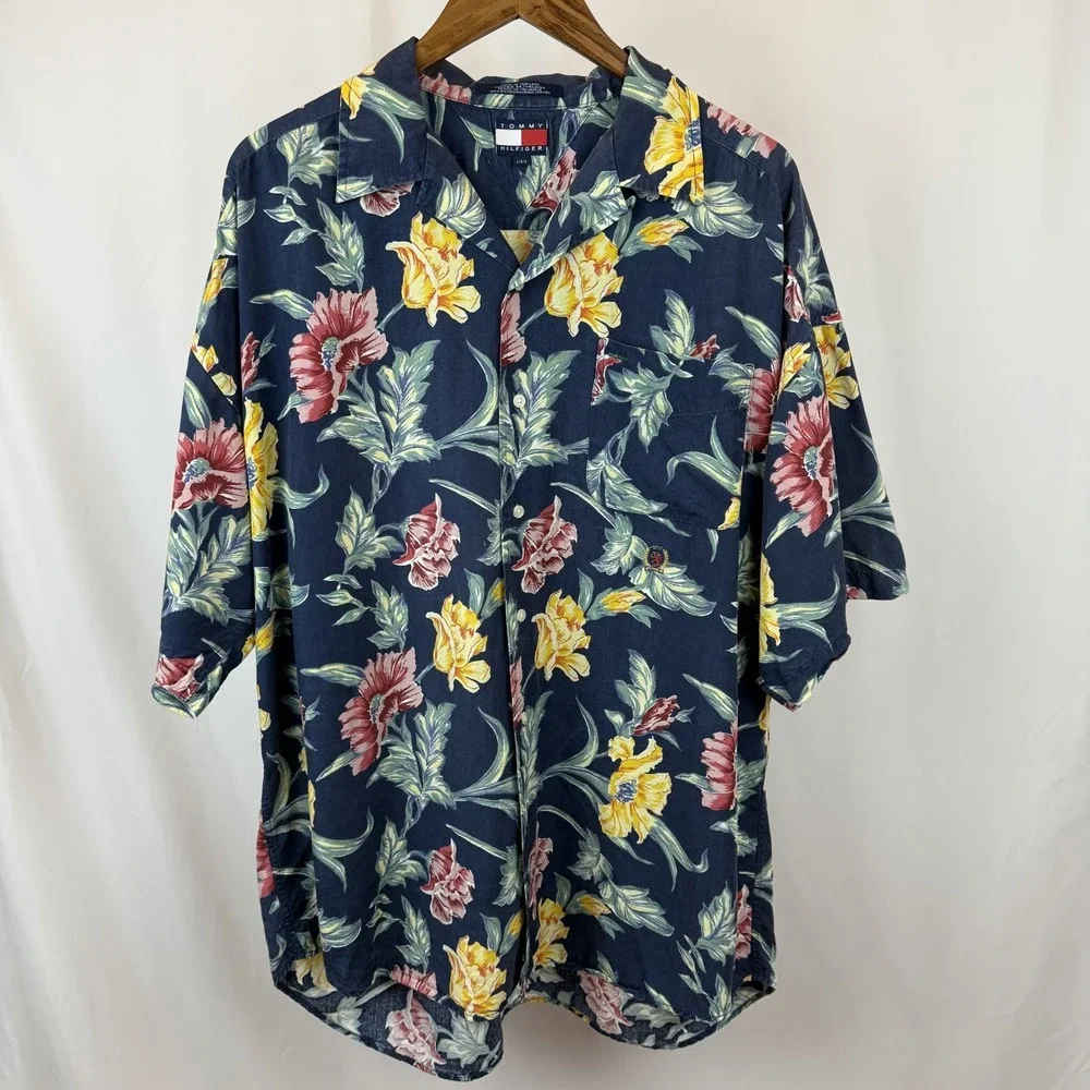 VTG Tommy Hilfiger Men's Large Hawaiian‎ Button Up Shirt Blue